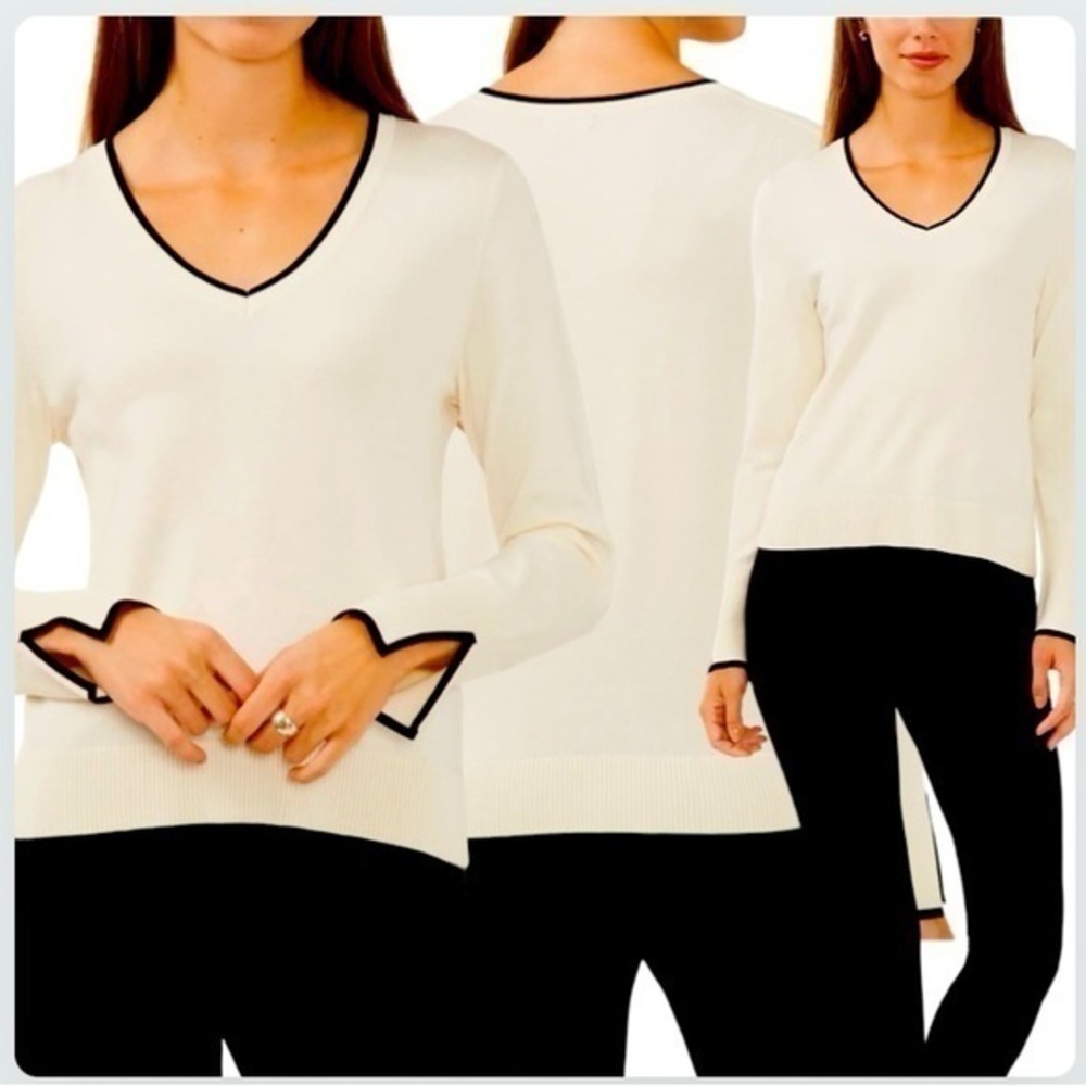 HALOGEN CONTRAST TRIM SWEATER MED. IN ANTIQUE WHITE/RICH BLACK SPLIT CUFF NWT